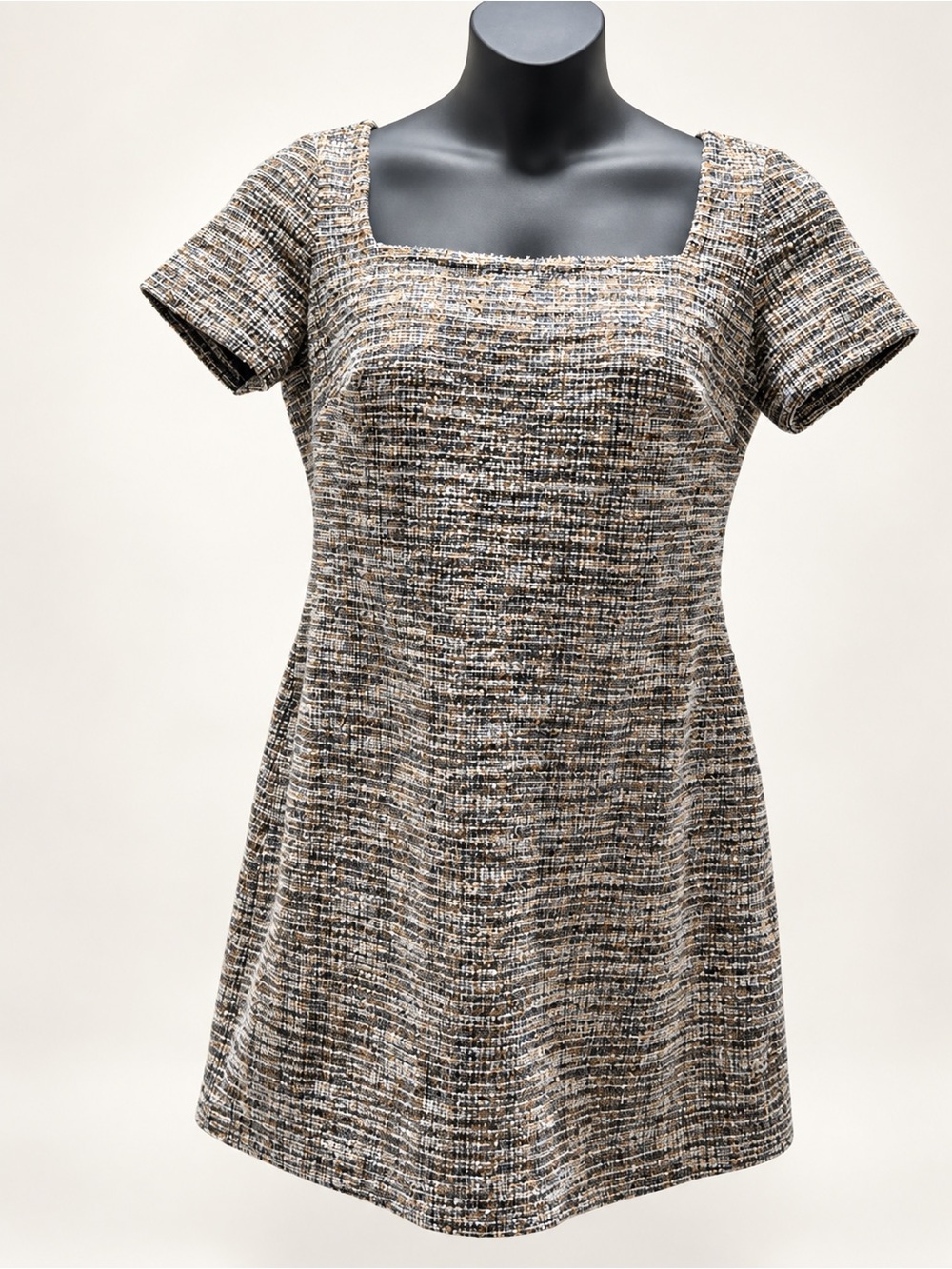 Calvin Klein Gray Multi Tweed Square-Neck Midi Dress